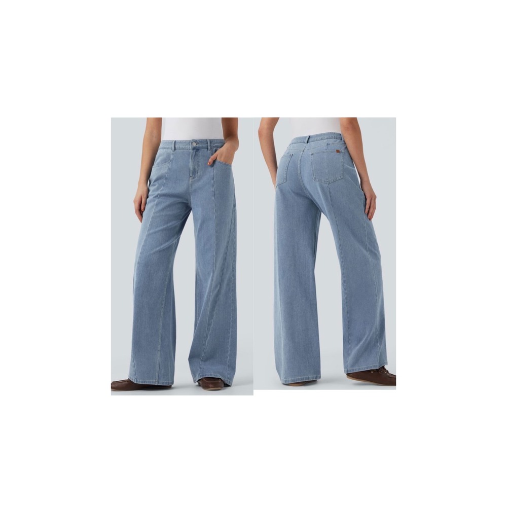 Light Wash High Waisted Wide Leg Seam Detail Denim Jeans Light Blue Trousers S